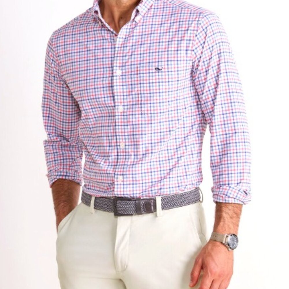 Vineyard Vines Red Blue White Gingham Plaid Long Sleeve Collar Shirt Slim M NWOT